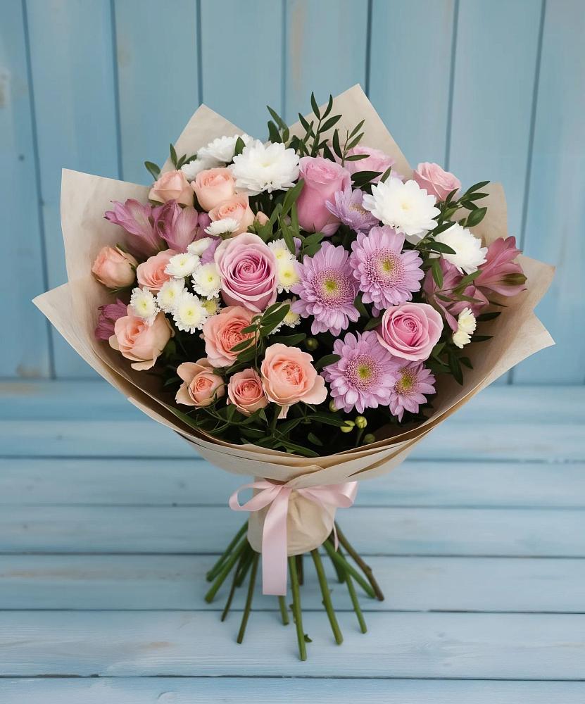 Букет цветов из: Хризантемы, Розы и Альстромерии в Юго-Камский