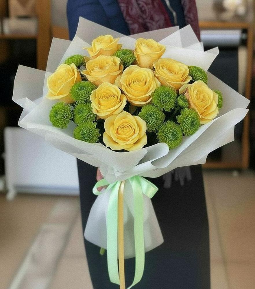 Букет цветов из: Хризантемы и Розы в Юго-Камский