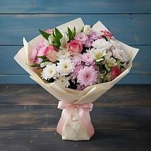 Букет цветов из:  Хризантемы, Альстромерии и Розы в Юго-Камский
