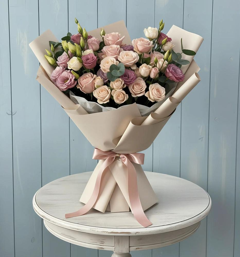 Букет цветов из: Розы и Лизиантусы в Юго-Камский