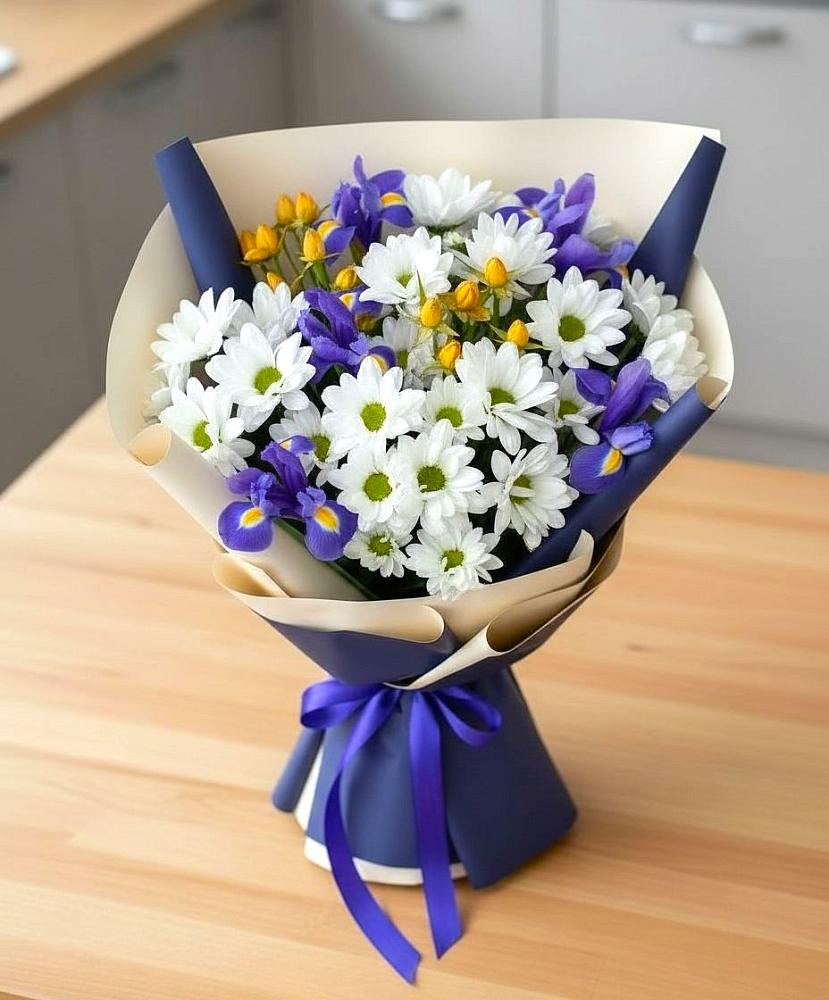 Букет цветов из: Розы, Ирисы и Хризантемы в Юго-Камский