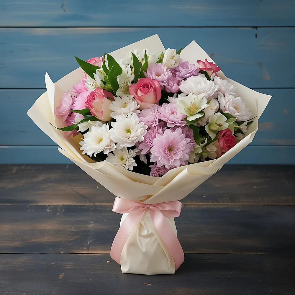 Букет цветов из: Хризантемы, Альстромерии и Розы в Юго-Камский